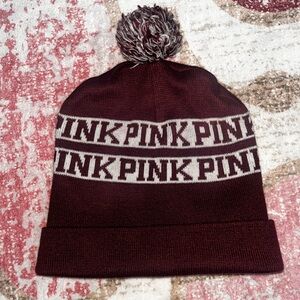 NWOTs Women’s Victoria’s Secret PINK maroon & white beanie/winter hat puff ball